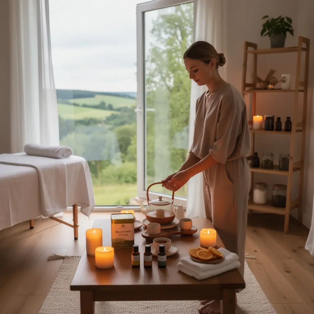 Žaliavos, naudojamos kalnų arbatai, išdėstytos ant medinės lentos, pabrėžiant jų natūralumą.