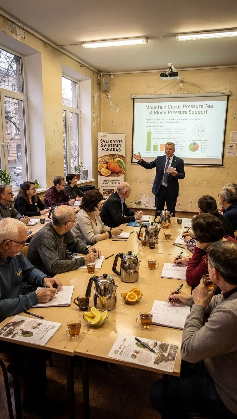 Kalnų citrusinių vaisių arbata, supakuota gražioje dėžutėje, su žaliais kalnų peizažais fone.