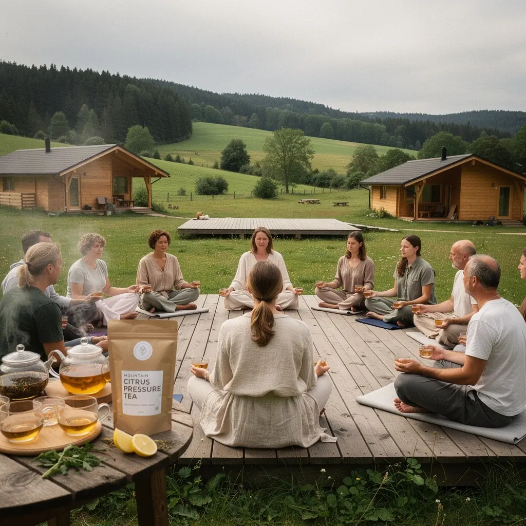 Šviežiai paruošta kalnų citrusinių vaisių arbata, patiekiama su citrinų griežinėliais.