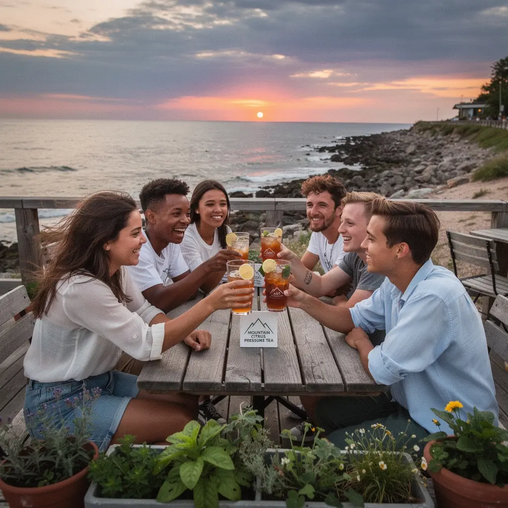 Produktas su etikete, aprašantis kalnų citrusinių arbatos naudą kraujospūdžiui.
